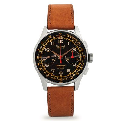 Chrono in acciaio con quadrante nero, carica manuale, circa 1950