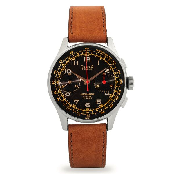 Chrono in acciaio due contatori carica manuale, quadrante nero gilt, circa 1950