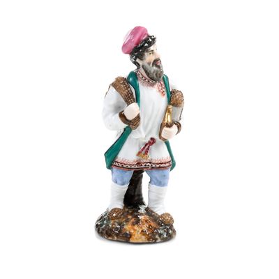 San Pietroburgo, Manifattura Korlinov, Figurina di contadino (Russia), porcellana policroma e dor...