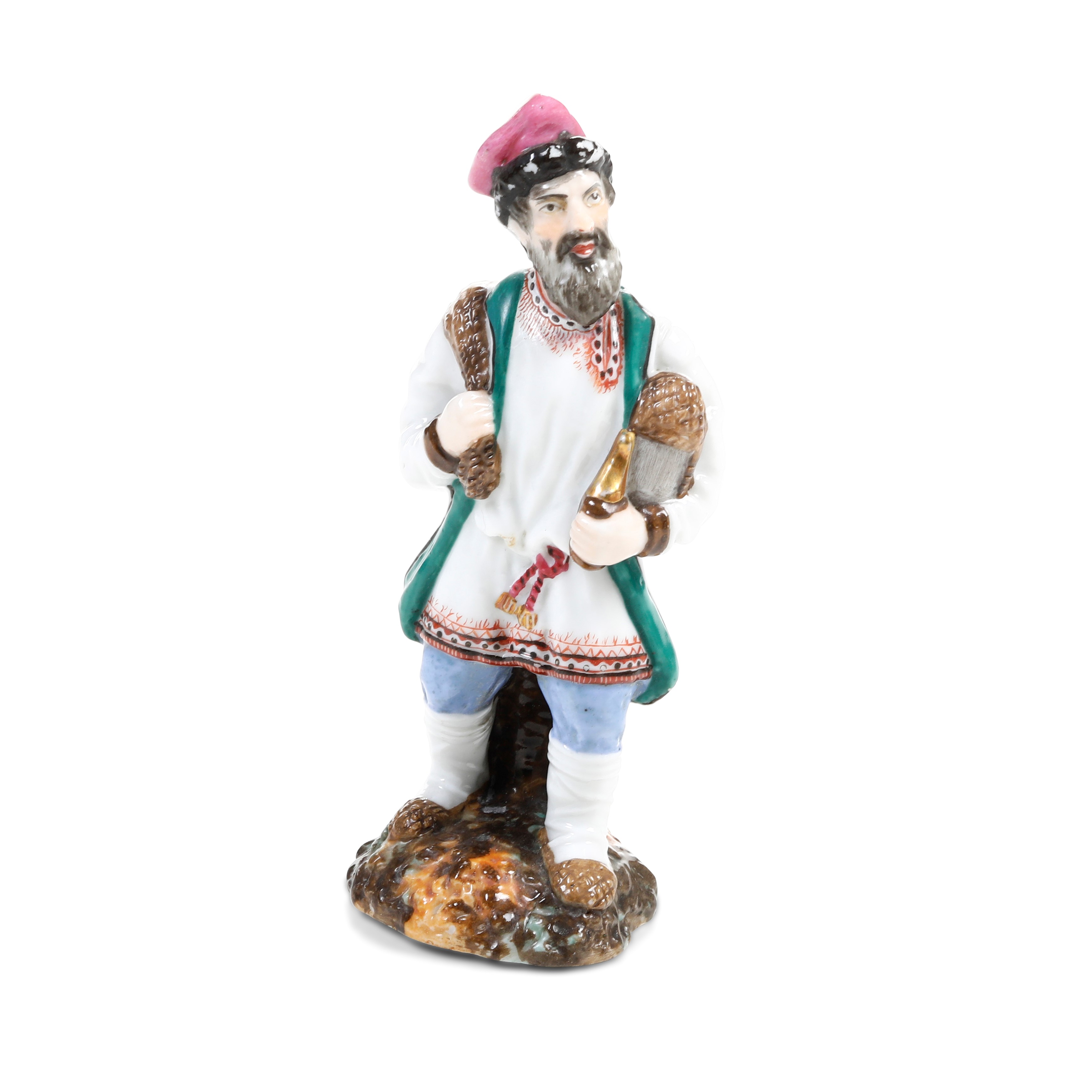 San Pietroburgo, Manifattura Korlinov, Figurina di contadino (Russia), porcellana policroma e dor...