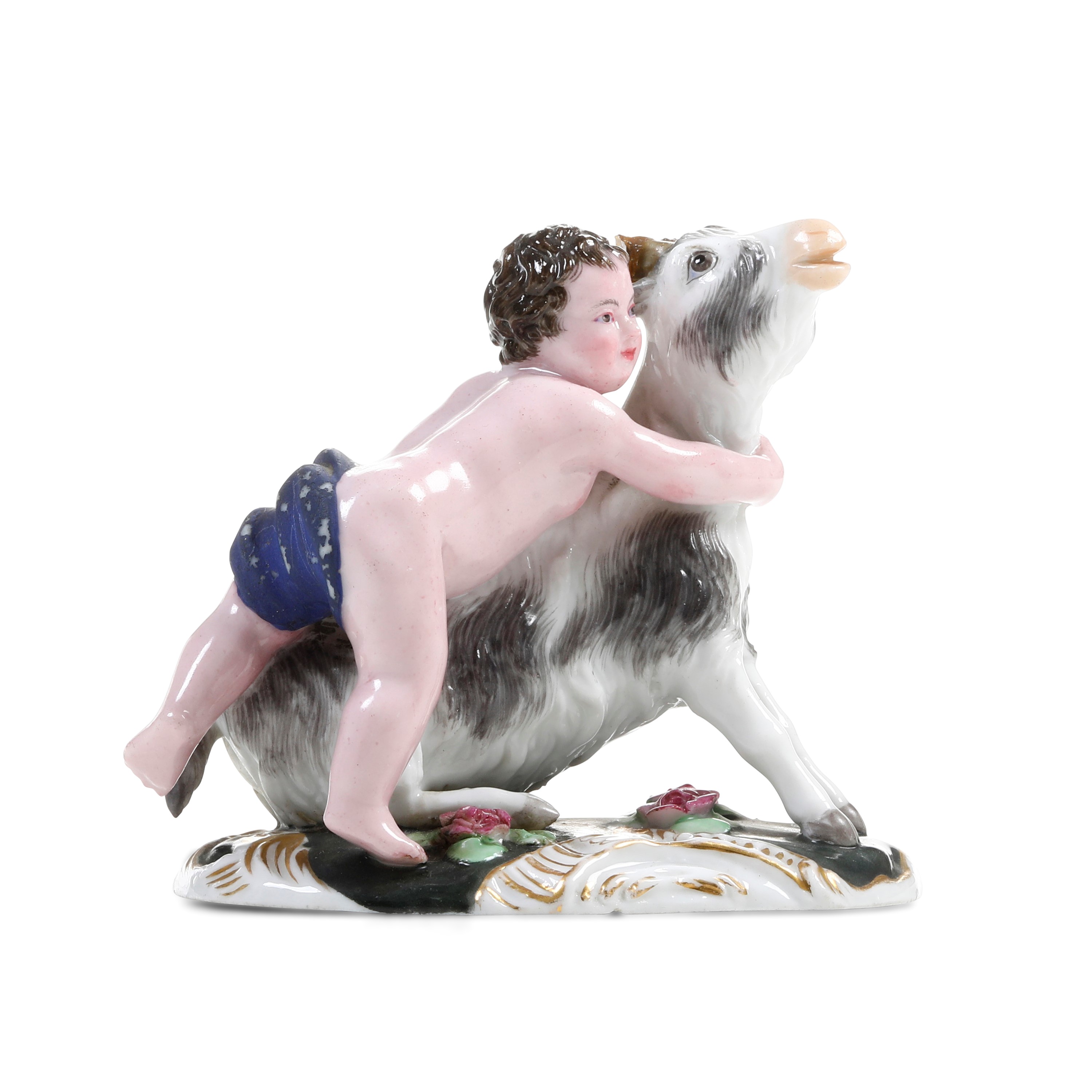 Manifattura Francis Gardner, Gruppo in porcellana con capra e putto, Russia (Verbilki, Mosca), fi...