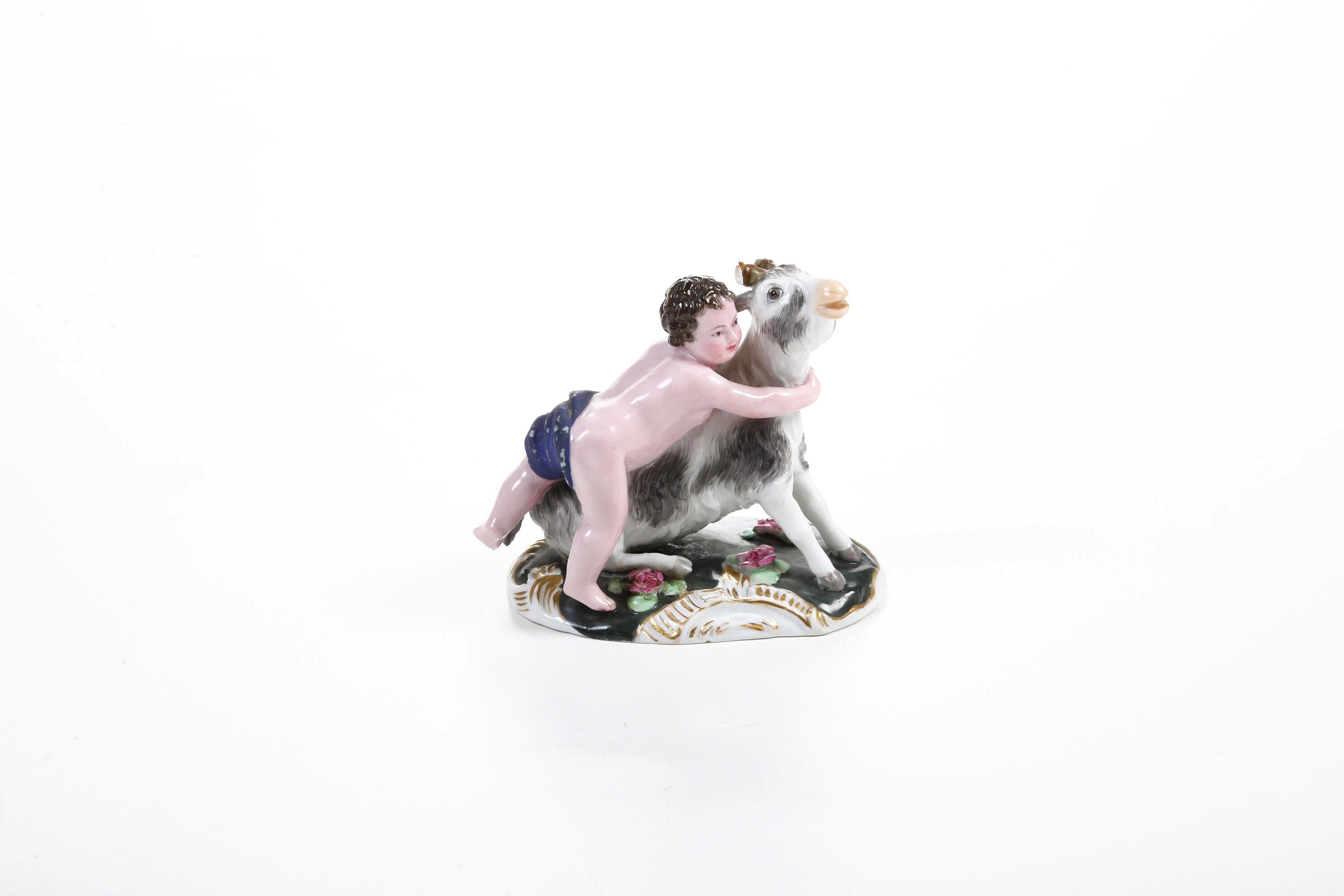 Manifattura Francis Gardner, Gruppo in porcellana con capra e putto, Russia (Verbilki, Mosca), fi...