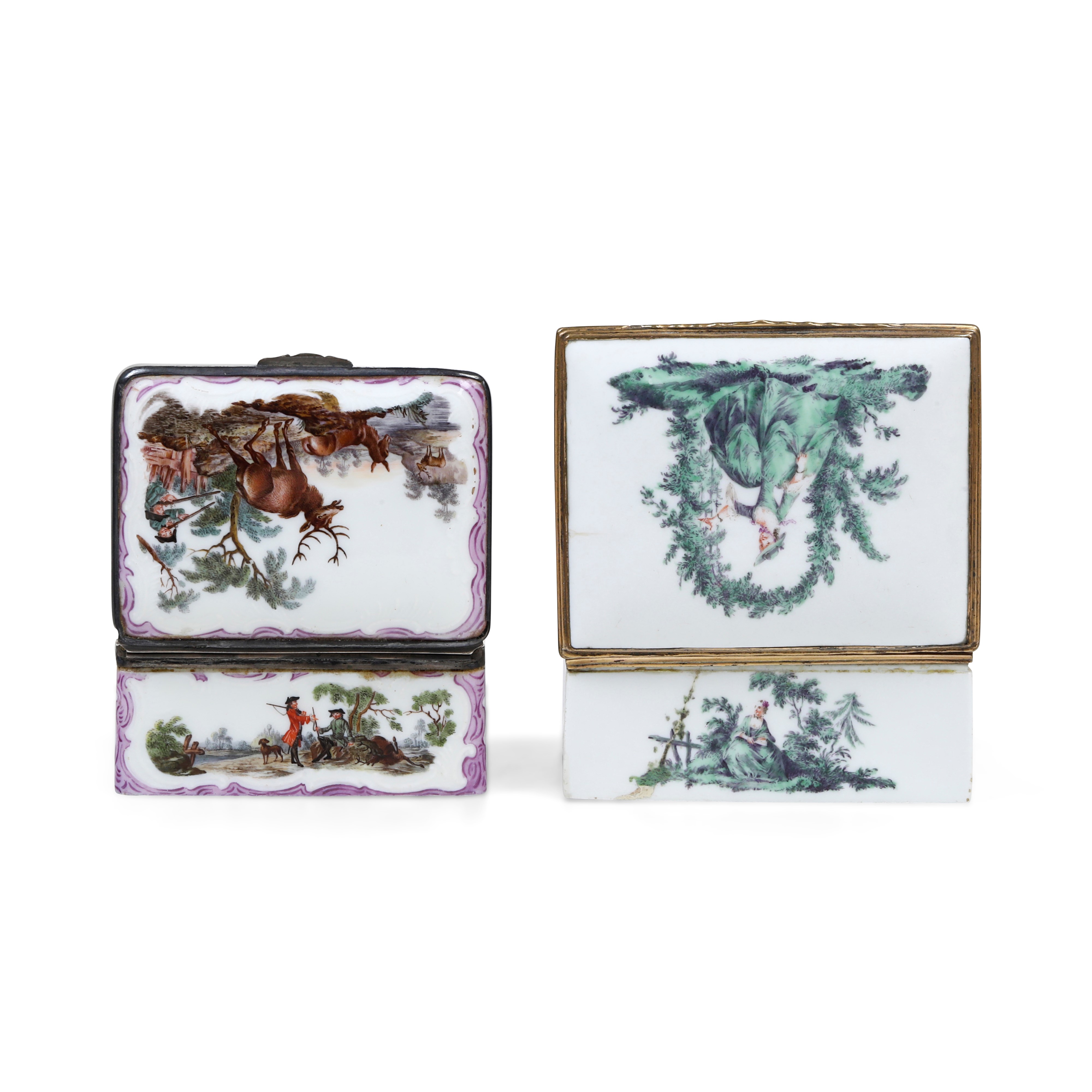 Probabilmente Meissen, Tabacchiera in porcellana “alla Watteau” con montatura in metallo dorato