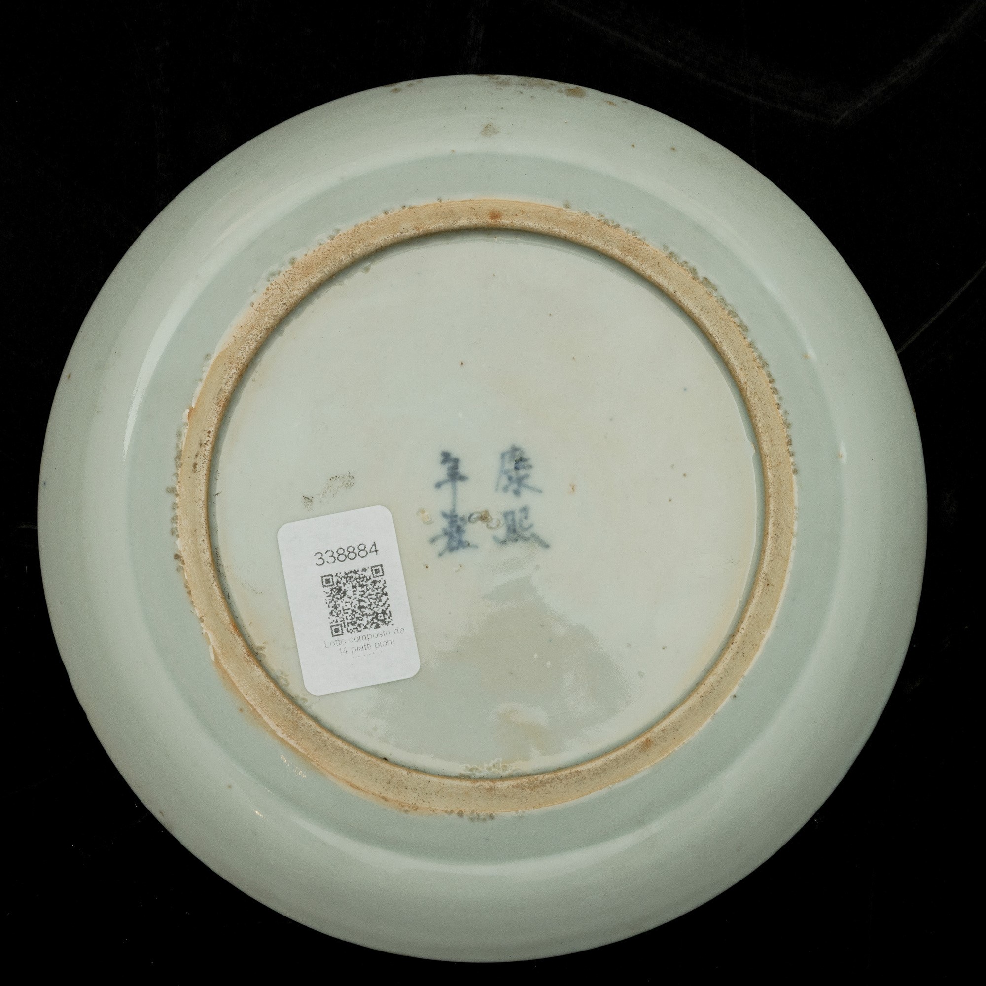 Cina, Lotto di quattordici piatti in porcellana bianca e blu, soggetti diversi (XVIII secolo)