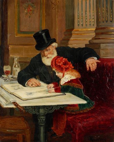 A. Becken, Interno con anziano e bimba, olio su tavoletta