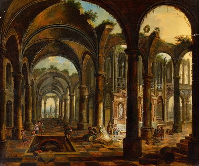 Scuola della Fine del XVIII-inizi del XIX Secolo Capriccio Architettonico con Figure