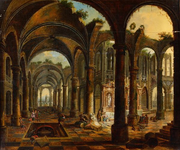 Scuola della fine del XVIII-inizi del XIX secolo Capriccio architettonico con figure