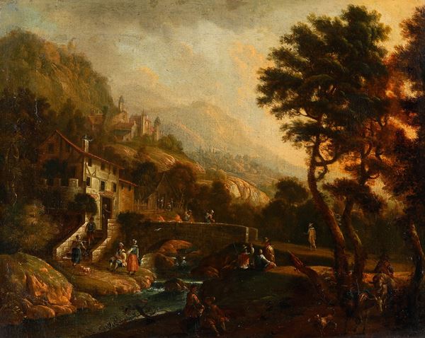 Scuola del XVIII secolo Paesaggio con contadini e casolare