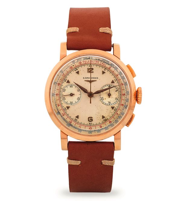 Longines - Flyback chronograph ref 6234 in pink gold, silvered dial with applied hour markers and Arabic numerals, with box and guarantee, circa 1950