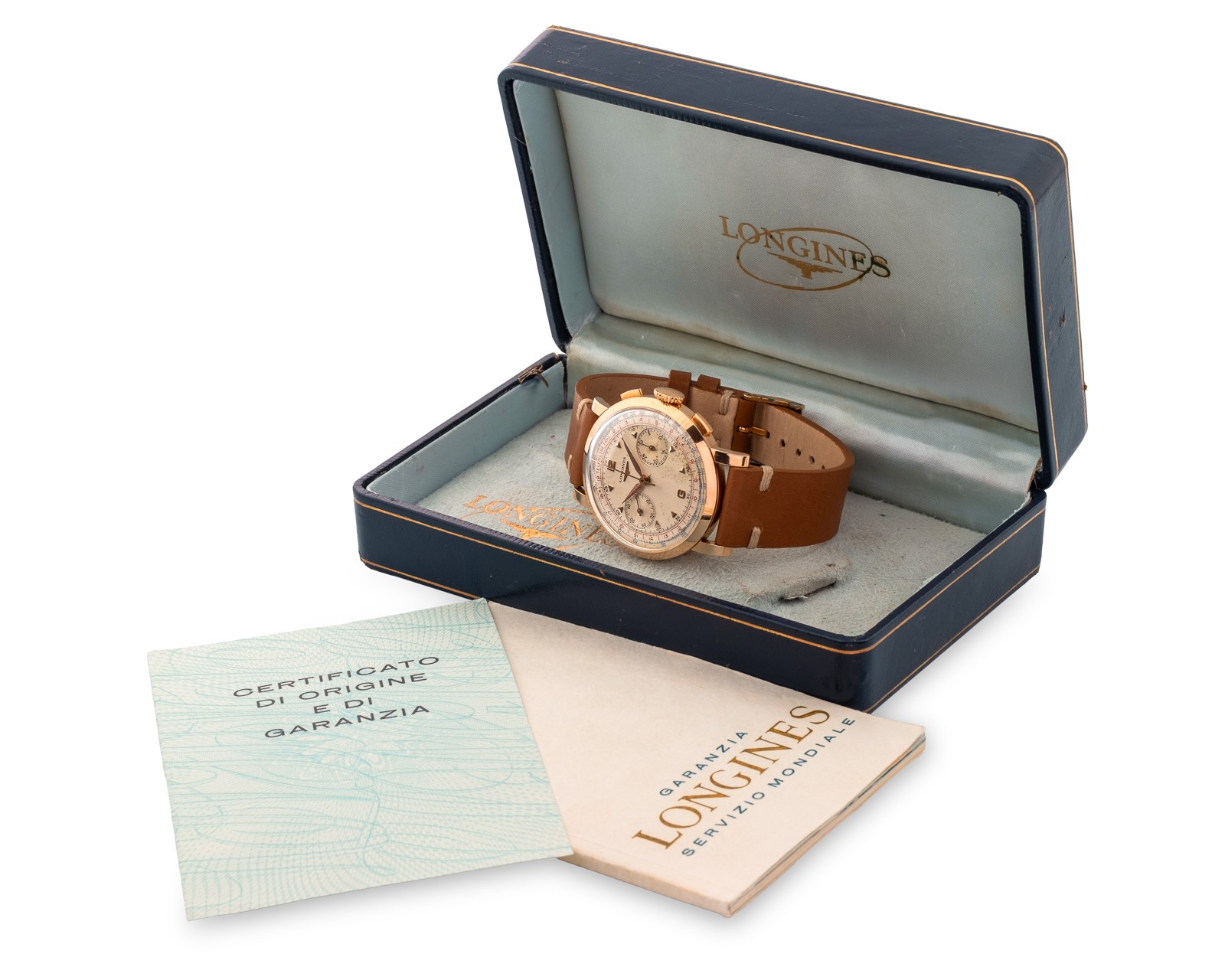 Longines - Cronografo Flyback ref 6234 in oro rosa, quadrante argenté circa 1950