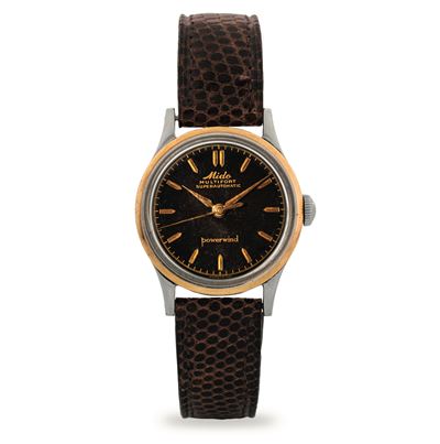 Multifort Super Automatic in acciaio e oro con quadrante nero gilt, circa 1950