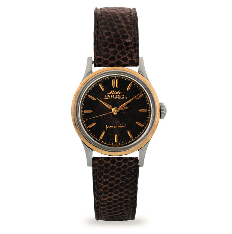 MIDO : Multifort Super Automatic in acciaio e oro con fondo a vite, quadrante nero gilt, circa 1950  - Asta Orologi da Polso - Cambi Casa d'Aste