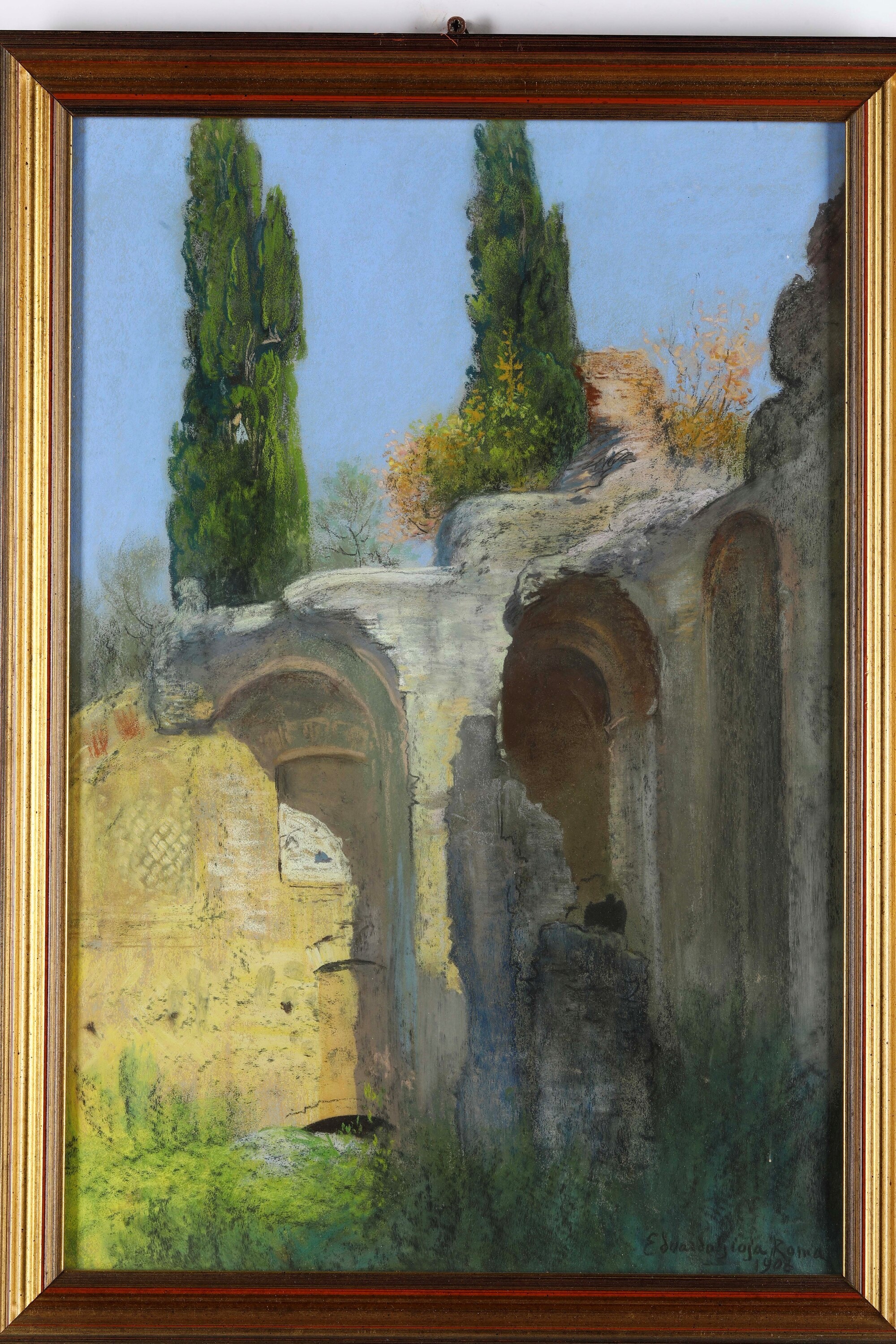 Edoardo Gioja - Veduta architettonica, pastello su cartone
