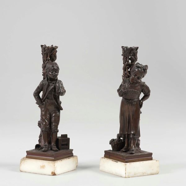 Scultore del XX secolo Coppia di candelieri con bambino e bambina
