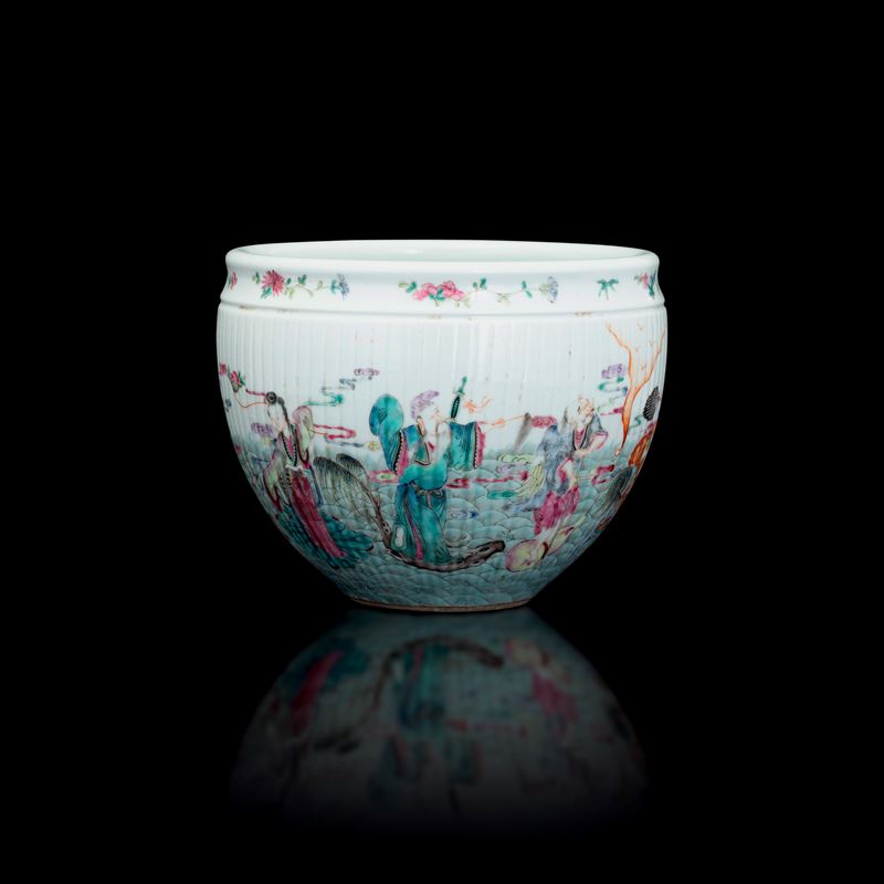 Cachepot in porcellana Famiglia Rosa raffigurante scena di vita di corte, Cina, Dinastia Qing, epoca Daoguang (1821-1850)  - Asta Fine Asian Works of Art - Cambi Casa d'Aste