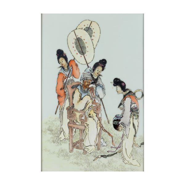 Painted porcelain plaque depicting a court scene with maidens, China, Qing Dynasty, 20th century