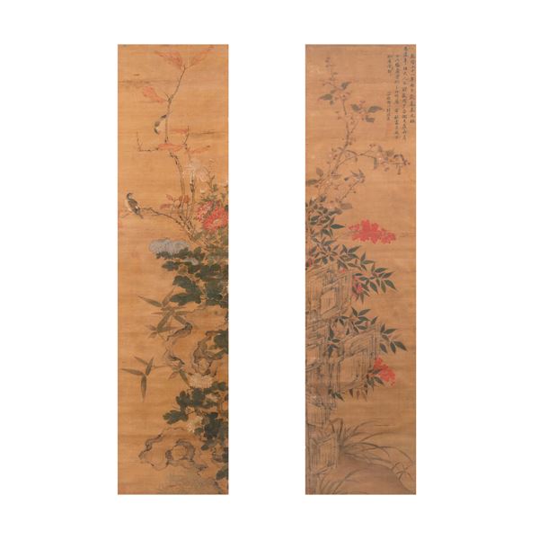 Pair of paintings on silk depicting a landscape scene with birds and inscriptions, China, Qing Dynasty, 19th century