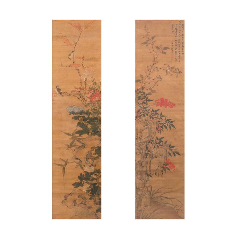 Coppia di dipinti su seta raffigurante scena paesaggistica con volatili e iscrizioni, Cina, Dinastia Qing, XIX secolo  - Asta Fine Asian Works of Art - Cambi Casa d'Aste