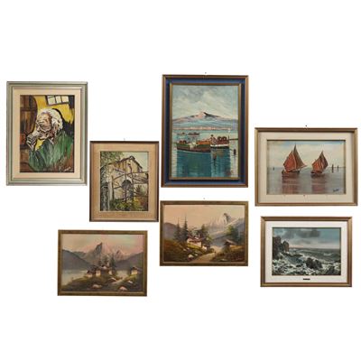 Lotto di 7 dipinti di autori vari, dimensioni variabili da cm 48x33 a cm 71x50