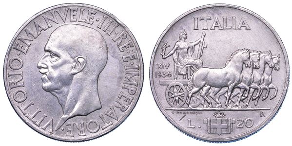 REGNO D’ITALIA. VITTORIO EMANUELE III DI SAVOIA, 1900-1946. 20 Lire 1936/A. XIV. Impero.