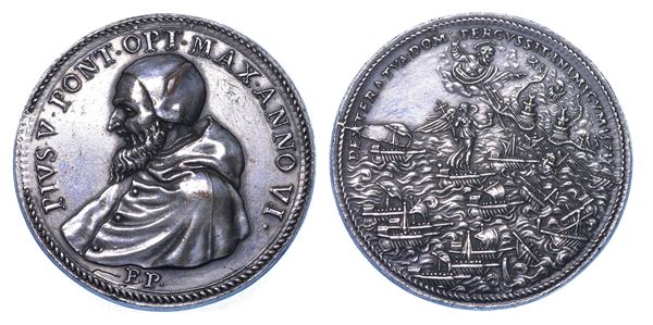 STATO PONTIFICIO. PIO V (Antonio Ghislieri), 1566-1572.  Medaglia in bronzo argentato A. VI. Ricordo della battaglia di Lepanto.