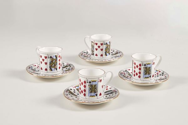 Set elisabettiano di quattro tazze e piattini di demitasse in porcellana fine Staffordshire, entro scatola originale