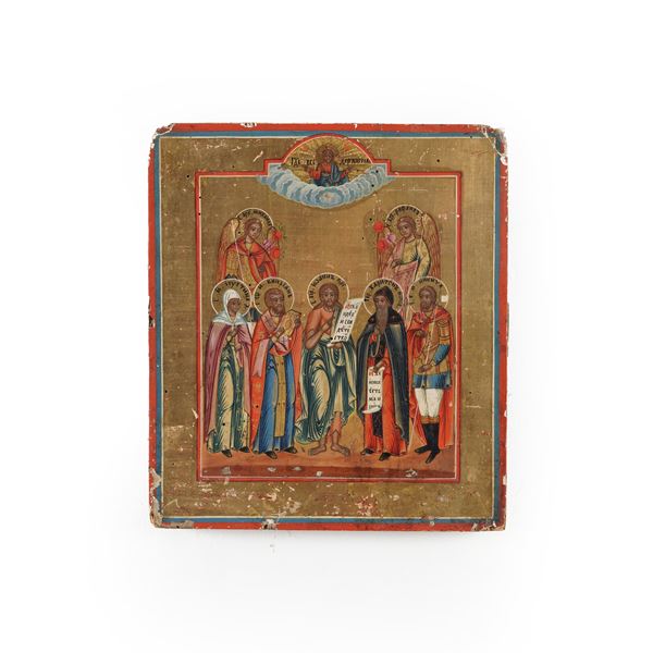 Icona raffigurante i santi Cipriano e Giustina (martire), San Giovanni battista, Santo Hariton e il Santo Martire Nikita. Area Balcanica XIX secolo