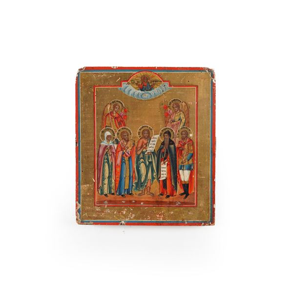 Icona raffigurante i santi Cipriano e Giustina (martire), San Giovanni battista, Santo Hariton e il Santo Martire Nikita. Area Balcanica XIX secolo