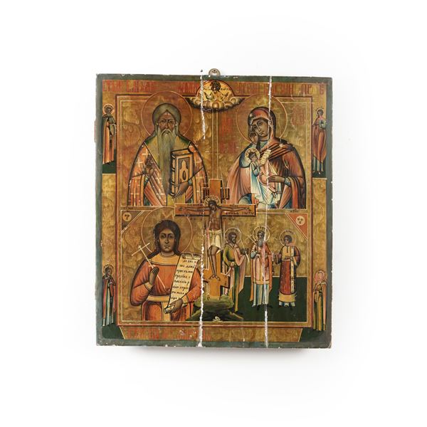 Icona quadripartita raffigurante la Crocifissione con il santo Haralambie, la Deipara e altri santi. Russia XIX secolo