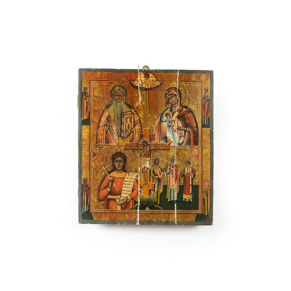 Icona quadripartita raffigurante la Crocifissione con il santo Haralambie, la Deipara e altri santi. Russia XIX secolo