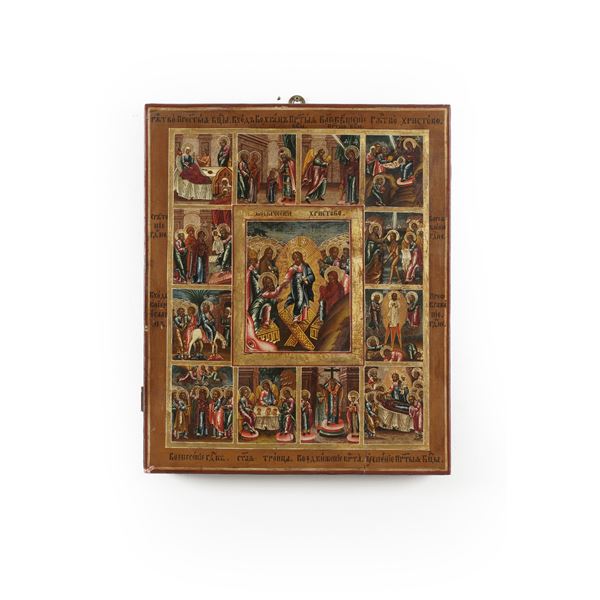 Icona raffigurante la Resurrezione di Cristo e scene del Vecchio e Nuovo Testamento (fra cui la Trinità, l’ingresso del Signore a Gerusalemme e l’ascensione al cielo), Russia XIX secolo