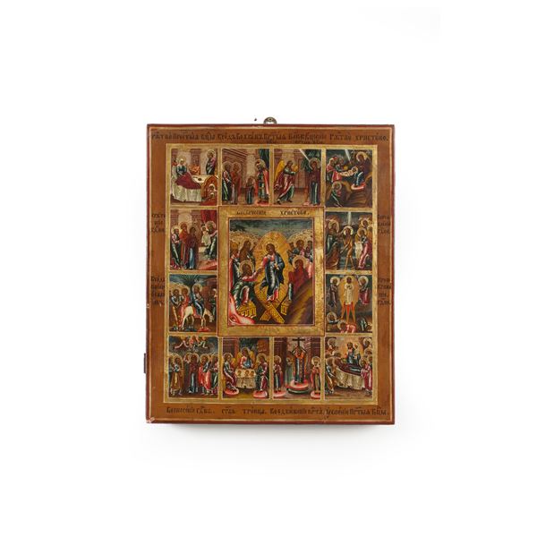 Icona raffigurante la Resurrezione di Cristo e scene del Vecchio e Nuovo Testamento (fra cui la Trinità, l’ingresso del Signore a Gerusalemme e l’ascensione al cielo), Russia XIX secolo