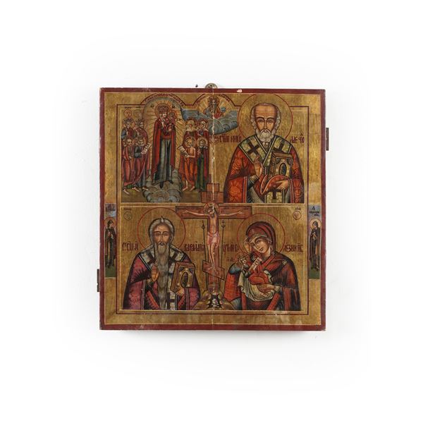 Icona quadripartita raffigurante la crocifissione con la Deipara in soccorso di tutti gli oppressi, San Nicola Taumaturgo, San Haralambie la Deipara con Bambino, Russia XIX secolo