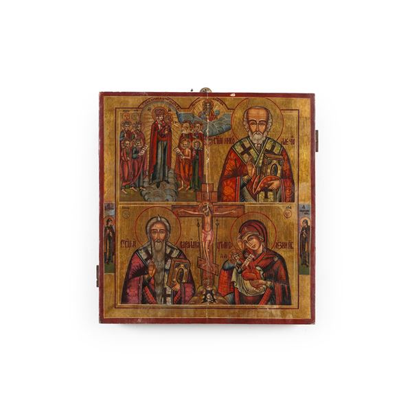 Icona quadripartita raffigurante la crocifissione con la Deipara in soccorso di tutti gli oppressi, San Nicola Taumaturgo, San Haralambie la Deipara con Bambino, Russia XIX secolo