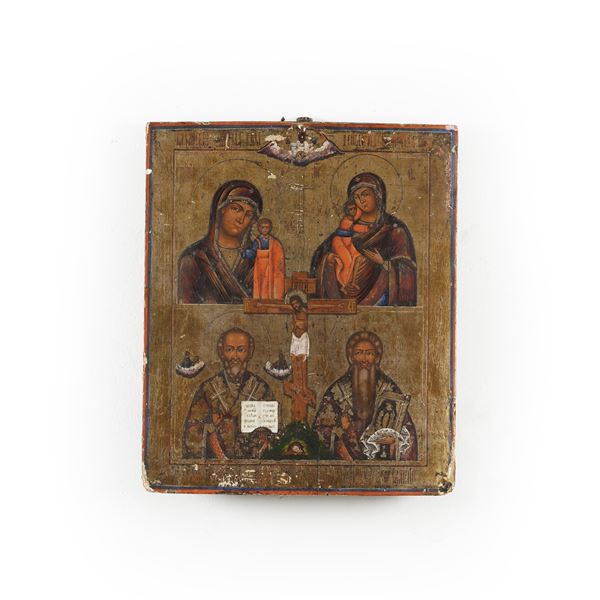 Icona quadripartita raffigurante la Crocifissione con la Deipara di Kazan, la Deipara Eleusa, San Nicola Taumaturgo e San Haralambie, Russia XIX secolo