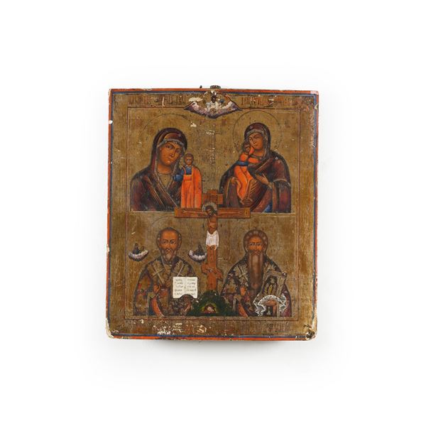 Icona quadripartita raffigurante la Crocifissione con la Deipara di Kazan, la Deipara Eleusa, San Nicola Taumaturgo e San Haralambie, Russia XIX secolo