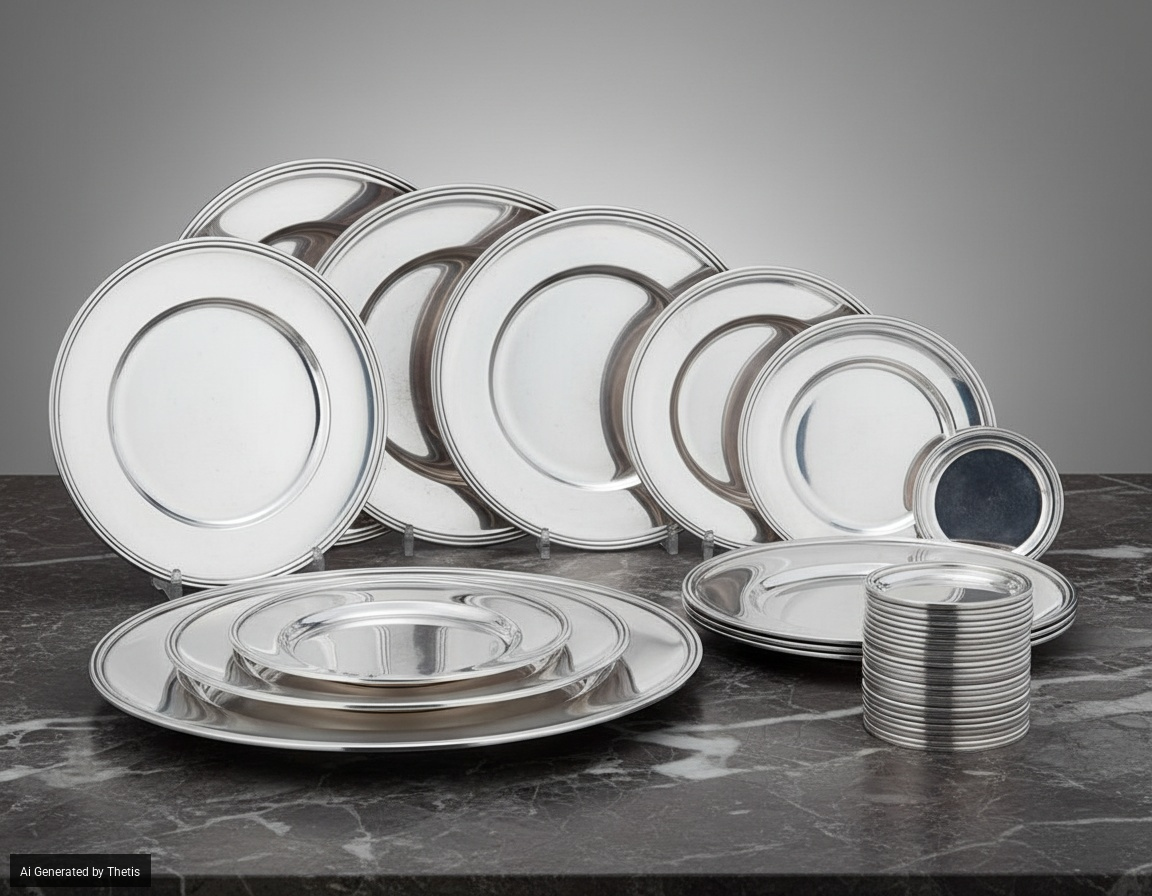 Set Composto da Dodici Piatti, 12 Piattini da Pane e 12 Sottobicchieri. Argenteria Italiana del X...