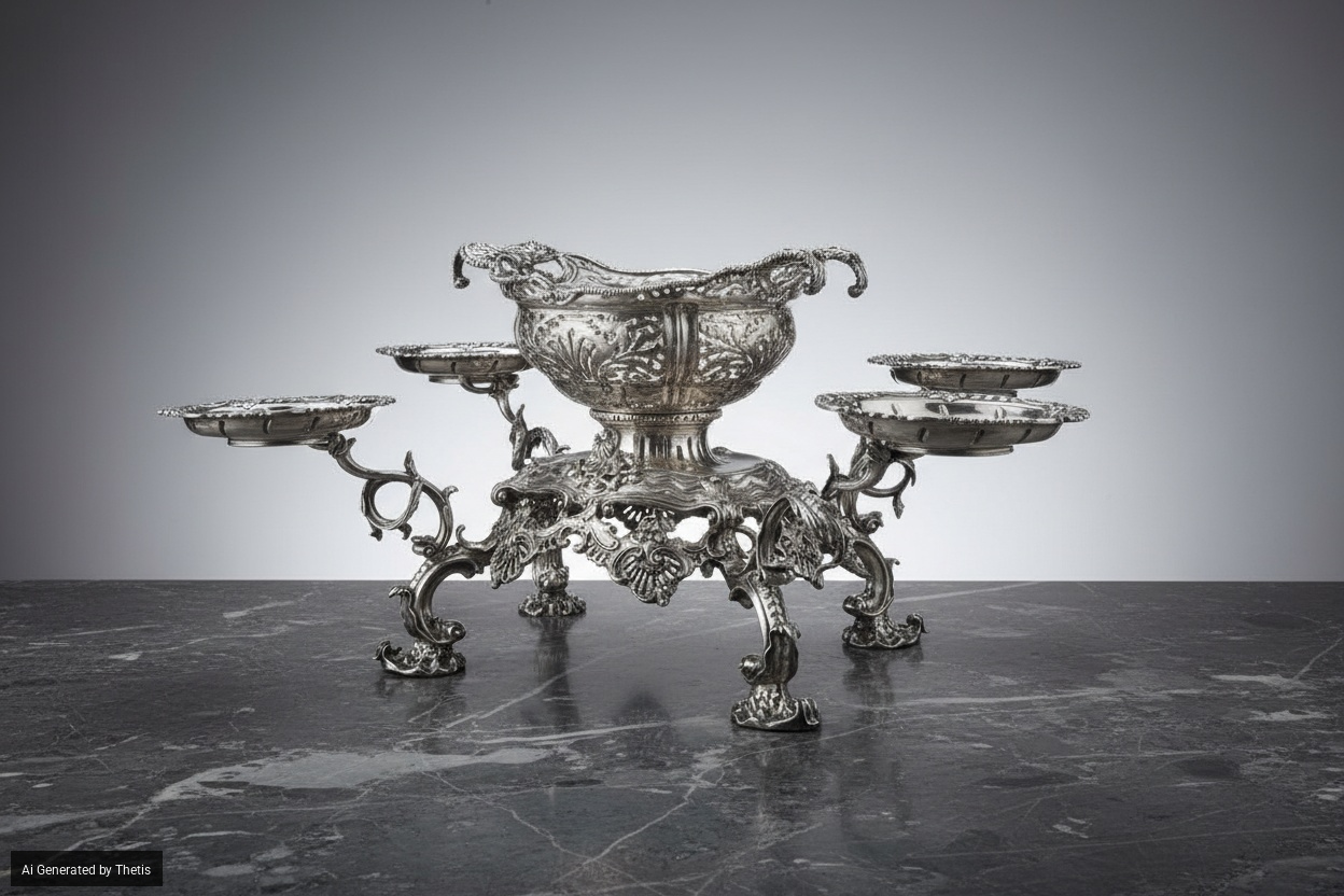 Epergne. Londra, XVIII Secolo. Cestini: 1755, Argentiere William Cripps Bracci con Marchio Ap Non...