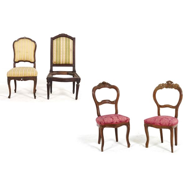 Quattro sedie in legno intagliato di foggia diversa. Fine XVIII e XIX secolo