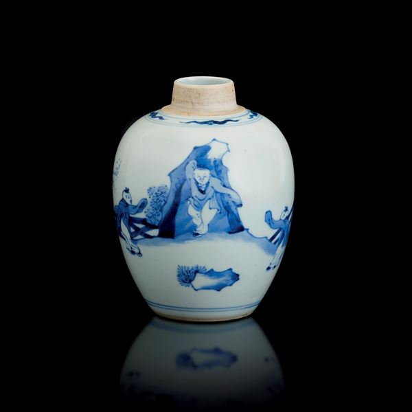 Blue and white porcelain vase depicting a scene of daily life, China, Qing Dynasty, Kangxi period (1662–1722)