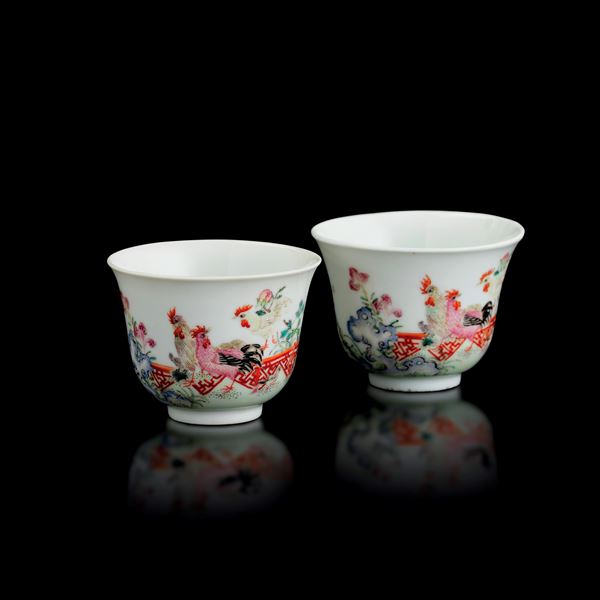 Pair of porcelain cups depicting roosters, China, Qing Dynasty, 19th century