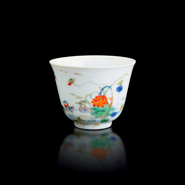 Porcelain cup depicting a landscape scene with inscriptions, China, Qing Dynasty, 19th century
