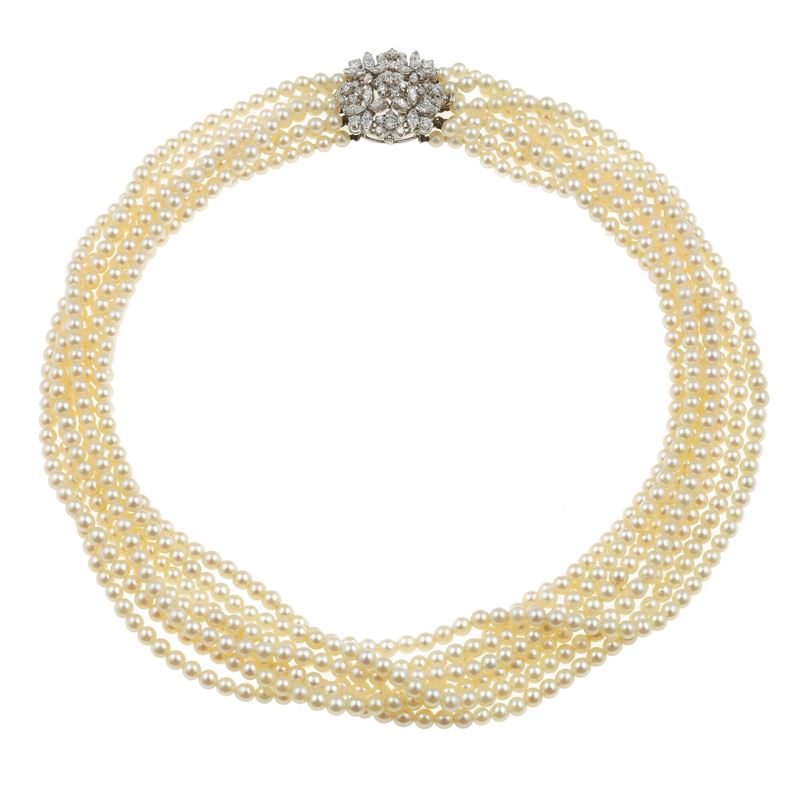 Cultured pearl, diamond and gold necklace  - Auction Fine Jewellery - Cambi Casa d'Aste
