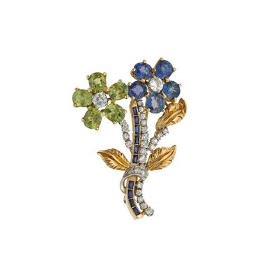 Spilla con zaffiri, peridoti e diamanti, montatura in oro giallo e bianco 750/1000