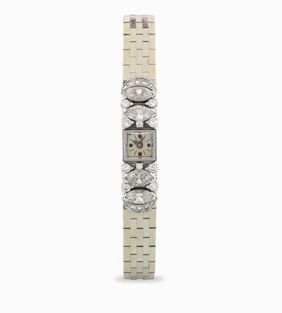 Cocktail Watch Duoplan Art Déco in oro bianco 18k e diamanti, circa 1920