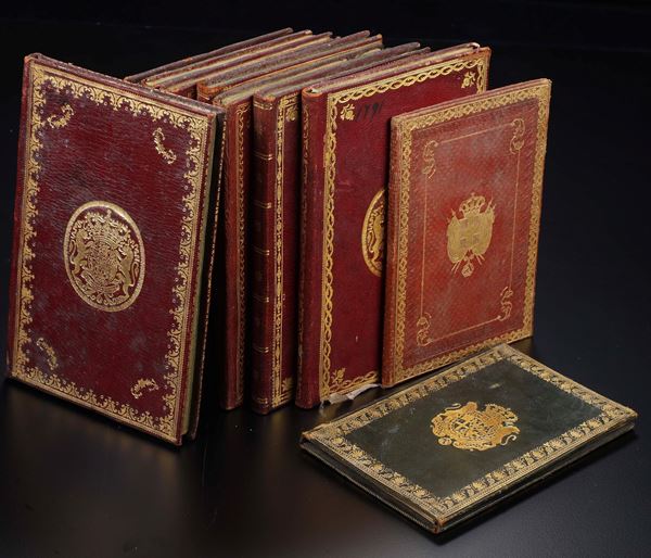 Bel lotto di 10 libretti d’opera in eleganti rilegature alle armi Savoia. Fine XVIII-XIX secolo