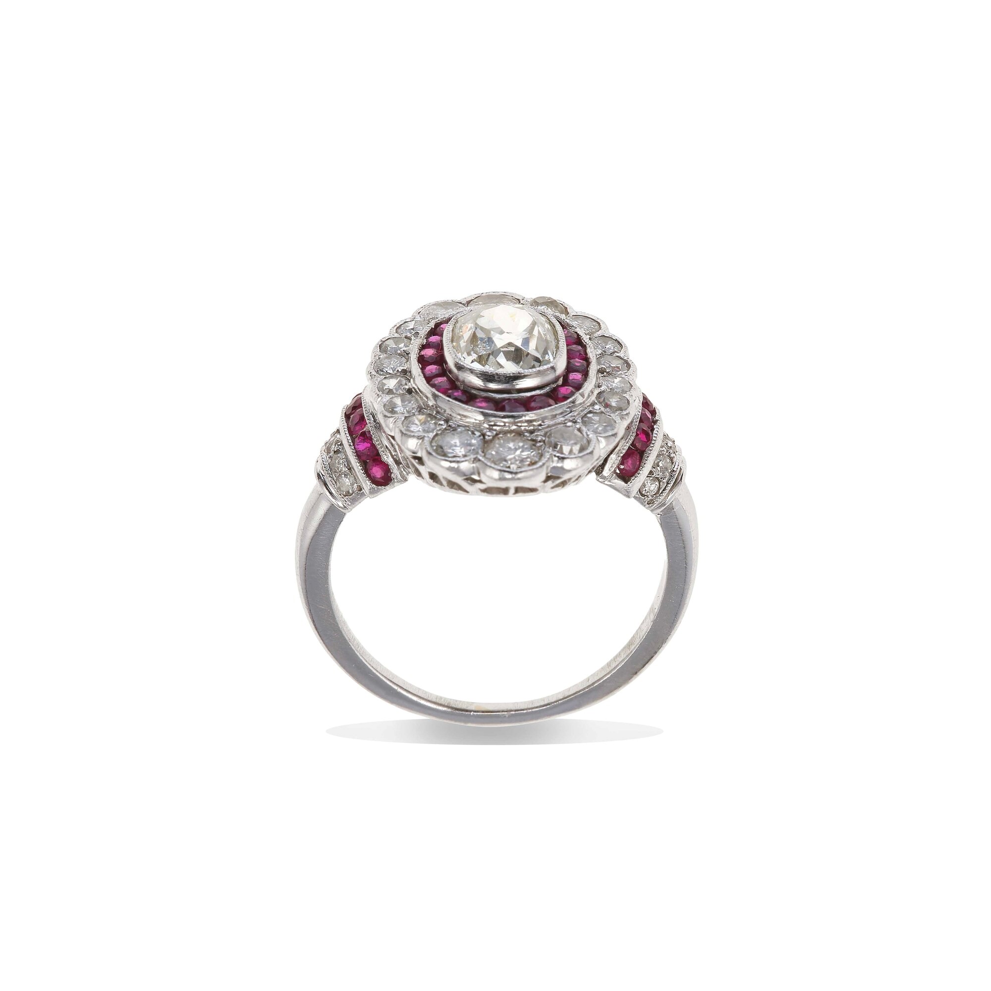 Anello con Diamante Centrale di Vecchio Taglio, Cuscino, di Ct 1.25 Circa e Rubini