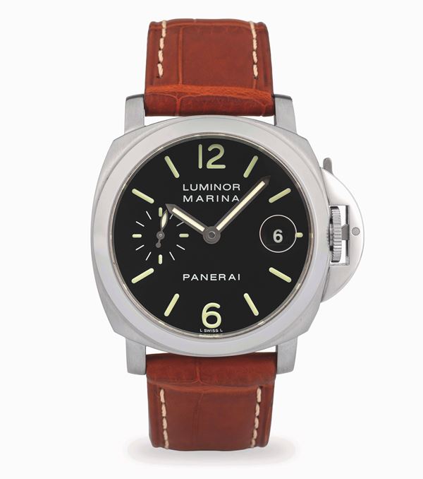 Luminor Marina in acciaio, quadrante nero con datario al tre e secondi al nove, circa 2002, con scatola  [..]