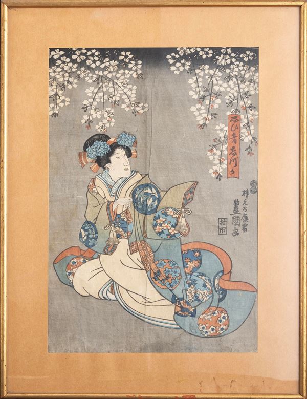 Dipinto su seta raffigurante Geisha con iscrizioni, Giappone, XIX secolo
