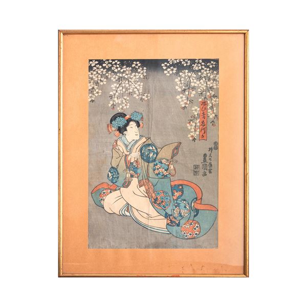 Dipinto su seta raffigurante Geisha con iscrizioni, Giappone, XIX secolo